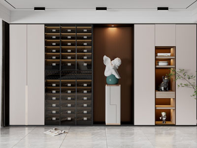 现代玻璃柜门酒柜、雕塑摆件