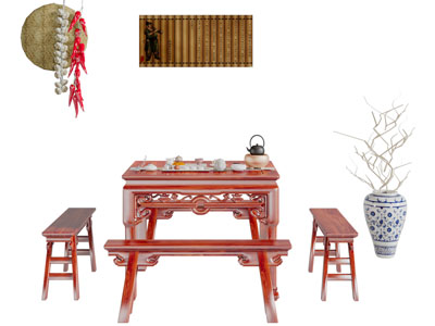 中式实木雕花方形餐桌椅组合