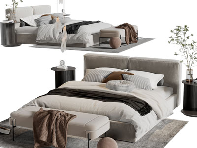 侘寂风布艺双人床、床尾凳