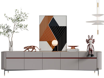 现代电视柜、装饰画和摆件