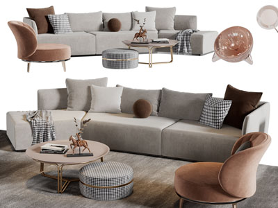 侘寂风多人沙发、休闲椅子、茶几组合