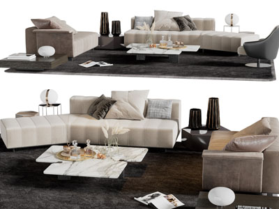 现代多人沙发、贵妃椅和茶几组合