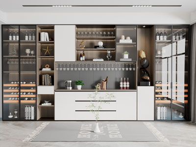 现代玻璃柜门中间镂空的酒柜