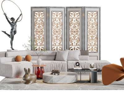 侘寂风布艺多人沙发、休闲椅子、屏风和茶几组合