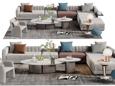 侘寂风多人沙发、休闲椅子和茶几组合