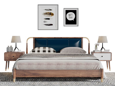 北欧实木双人床、床头柜