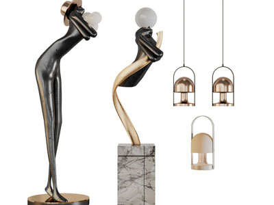 现代雕塑落地灯、摆件组合