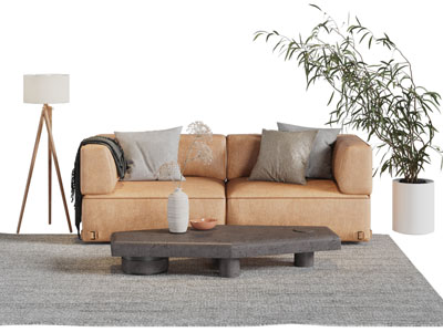 侘寂风双人沙发、茶几和落地灯组合