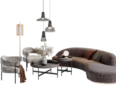 侘寂风多人沙发、休闲椅子和茶几组合