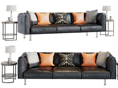后现代真皮多人沙发、边几3d模型 后现代真皮多人沙发、边几
