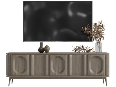 侘寂风电视柜、电视和摆件