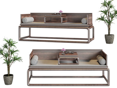 新中式罗汉床、茶几3d模型 新中式罗汉床、茶几