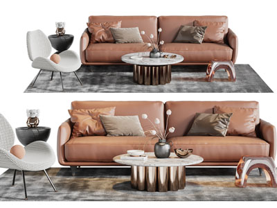 现代真皮双人沙发、休闲椅子和茶几组合
