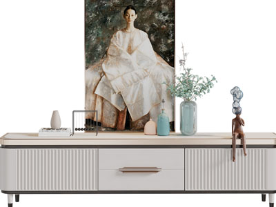 现代轻奢电视柜、装饰画和摆件组合