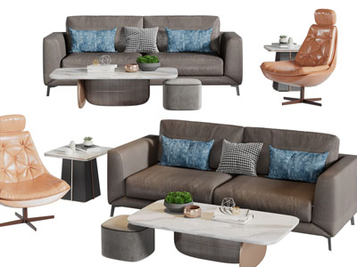 现代双人沙发、休闲椅子和茶几组合