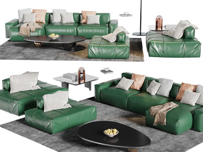 后现代块状皮质多人沙发、茶几组合