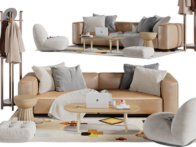 侘寂风多人、单人沙发、茶几组合