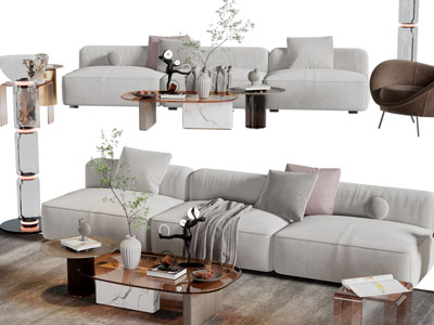 侘寂风多人沙发、茶几组合3d模型 侘寂风多人沙发、茶几组合