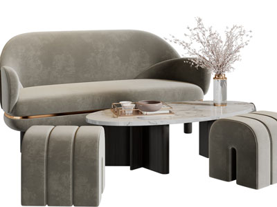 侘寂风多人沙发、坐墩和茶几组合