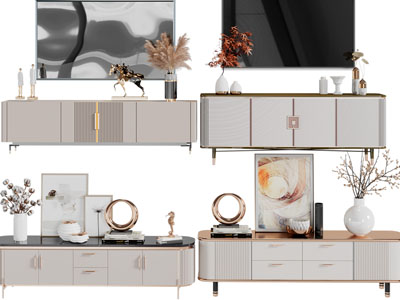 现代轻奢电视柜、电视、装饰品摆件