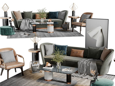 现代多人沙发、休闲椅子和茶几组合