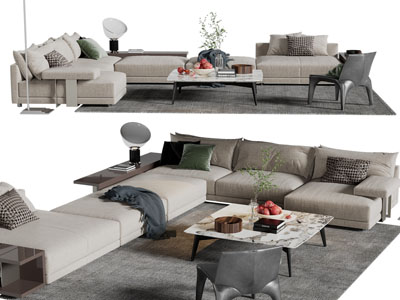 现代布艺转角多人沙发、茶几组合