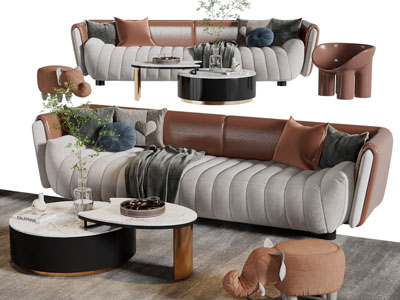 侘寂风多人沙发、凳子和茶几组合