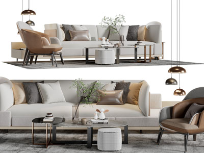 现代布艺多人沙发、休闲椅子和茶几组合