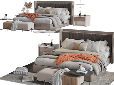 现代双人床、床尾凳