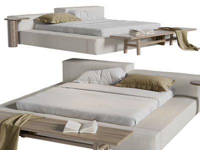 侘寂风布艺双人床、床尾凳