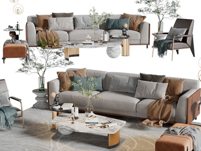 现代布艺多人沙发、休闲椅子、沙发凳和茶几组合