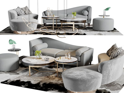 侘寂风多人沙发、贵妃椅和茶几组合