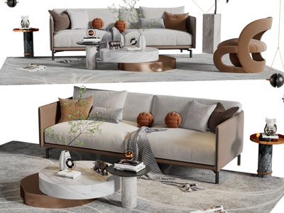 现代多人沙发、休闲椅子和茶几组合