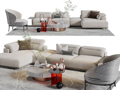 现代布艺转角沙发、休闲椅子、茶几组合
