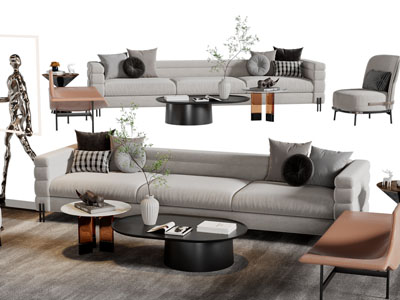 侘寂风布艺多人沙发、休闲椅子和茶几组合