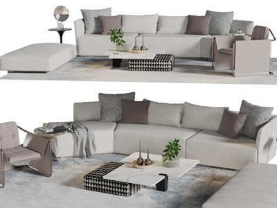 新中式转角多人沙发、茶几组合