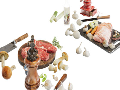 牛肉、大蒜、研磨器厨具3d模型 牛肉、大蒜、研磨器厨具