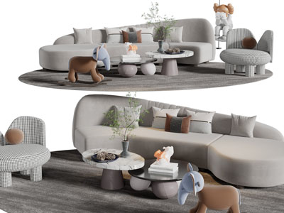 侘寂风多人沙发、休闲椅子、茶几组合