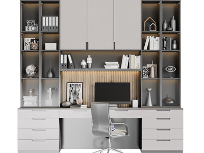 现代带书柜的书桌椅组合