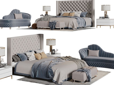 简欧软包床头双人床、贵妃椅、床尾凳