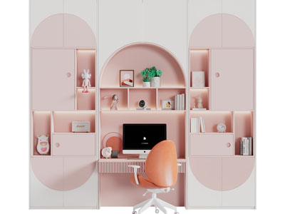 现代粉色带装饰柜的书桌椅组合