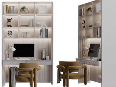 侘寂风带书柜的书桌椅组合