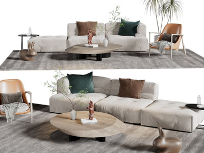 侘寂风布艺多人沙发、休闲椅子和茶几组合