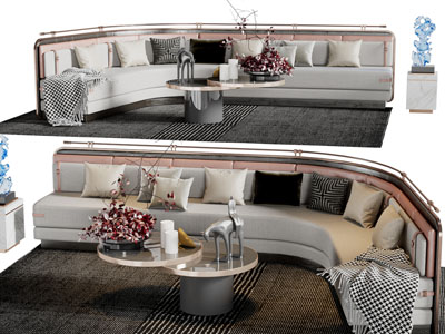 新中式弧形多人沙发、茶几组合