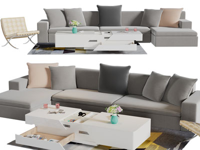 现代布艺转角多人沙发、茶几组合