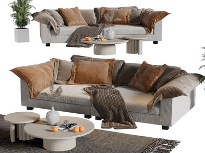 侘寂风多人沙发、茶几组合