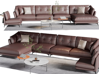 后现代真皮转角多人、单人沙发和茶几组合