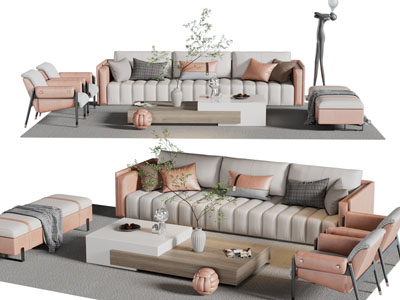 现代多人沙发、休闲椅子、沙发凳和茶几组合