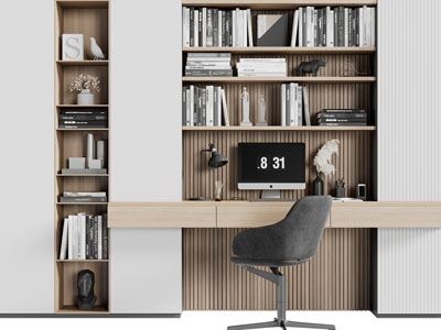现代实木带装饰书柜的书桌椅组合