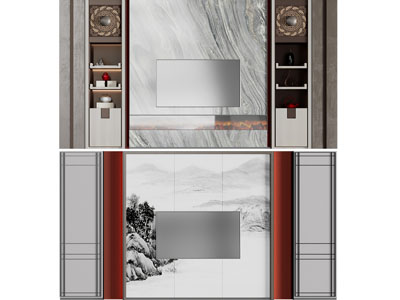 新中式电视背景墙3d模型 新中式电视背景墙